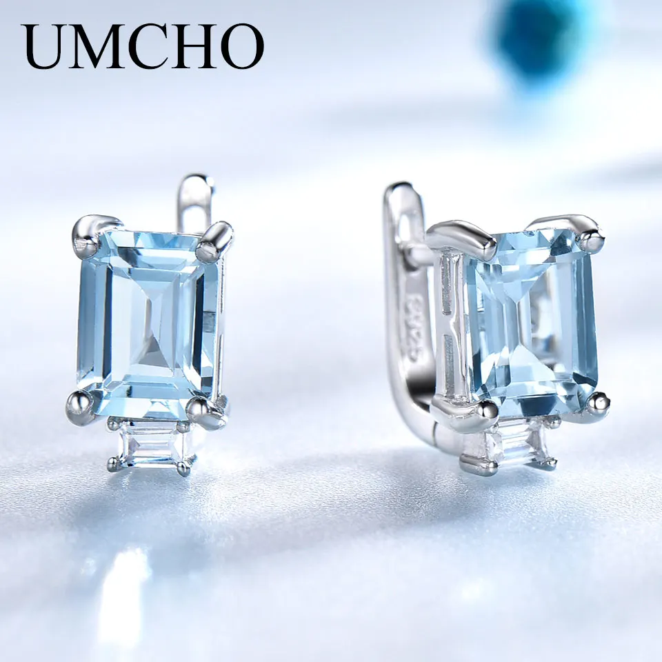 

UMCHO Solid Real 925 Sterling Silver Jewelry Gemstone Created Sky Blue Topaz Clip Earrings For Women Wedding Gifts Fine Earrings