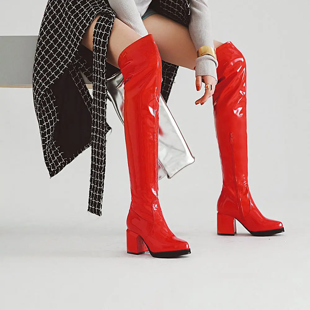 Lasyarrow/ботфорты из лакированной кожи; женские рыцарские сапоги с круглым носком на не сужающемся книзу массивном каблуке; женские высокие сапоги; цвет черный, красный, золотистый, серебристый - Цвет: Красный