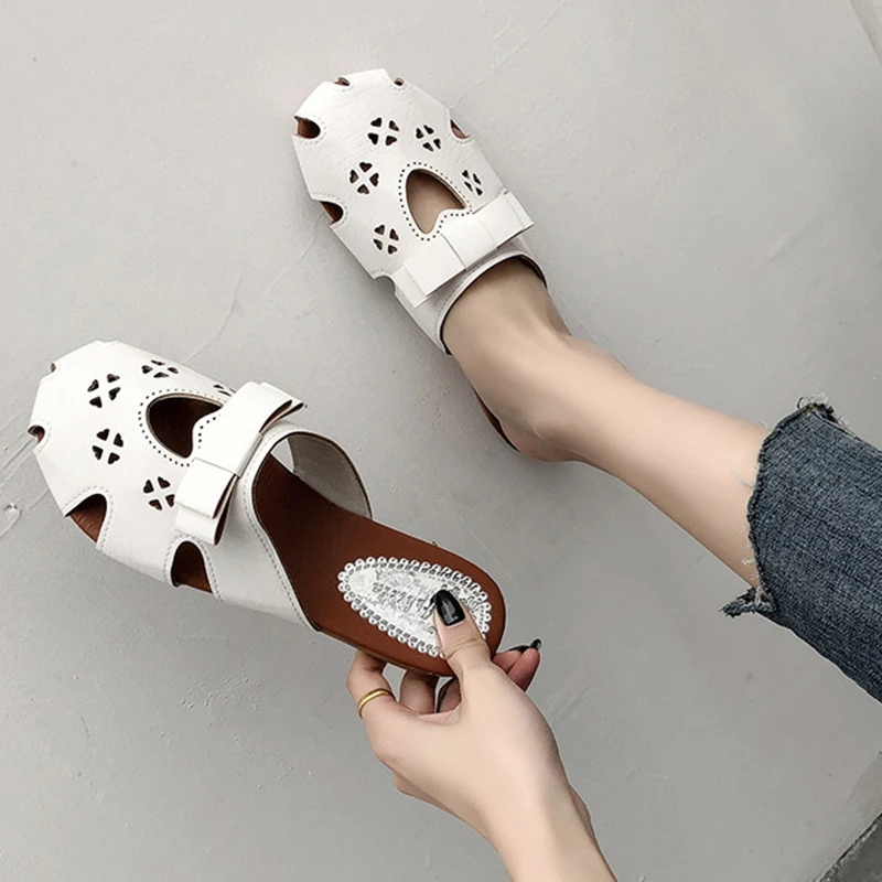

GRITION Sandals Women Beach Fashion Summer Sliper PU ladies Close Toe Flat Heel Sandals Bow Female Casual Lazy Comfortable Shoes