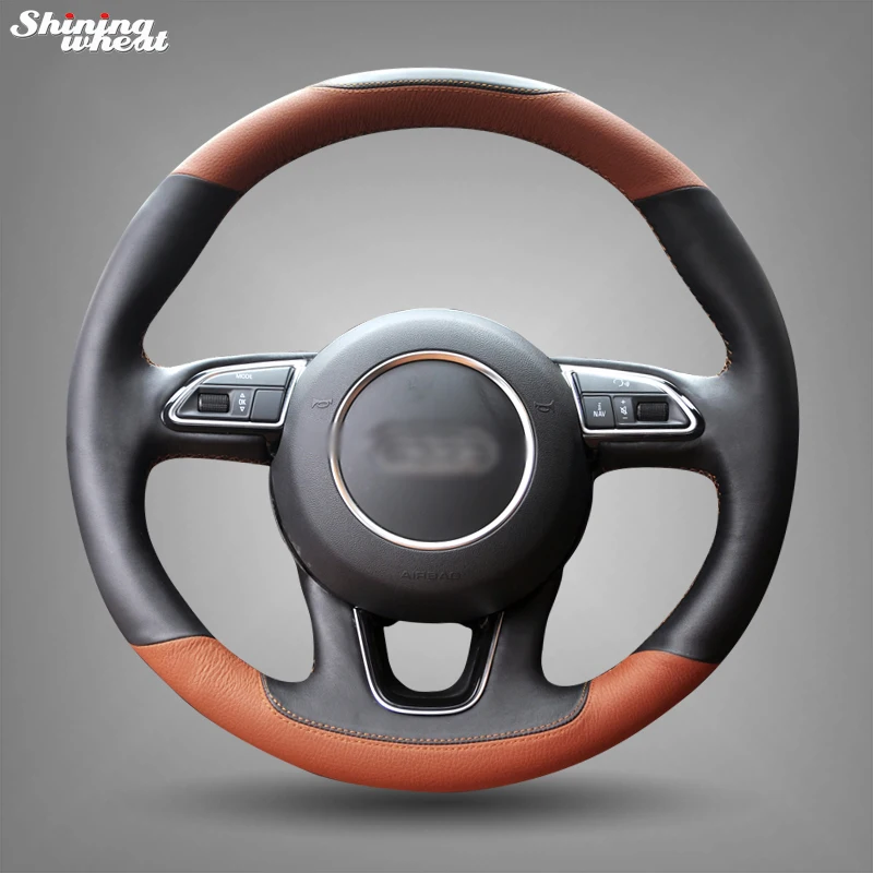 Shining Wheat Handstitched Black Brown Leather Car Steering Wheel