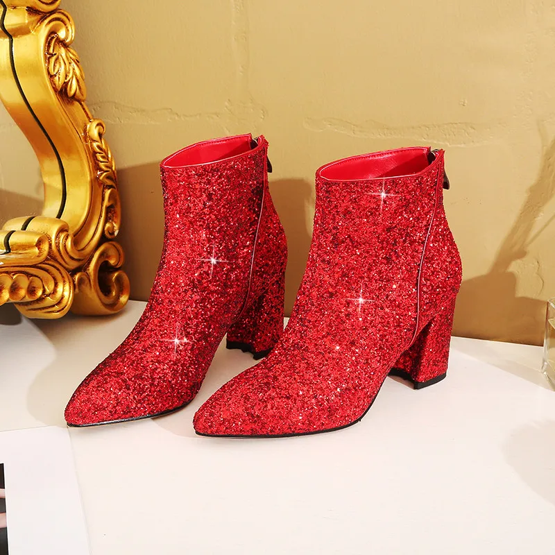 YMECHIC/ г.; осенние Блестящие ботильоны; женские туфли на высоком каблуке-копытце; цвет красный, серебристый; женские свадебные вечерние туфли с острым носком
