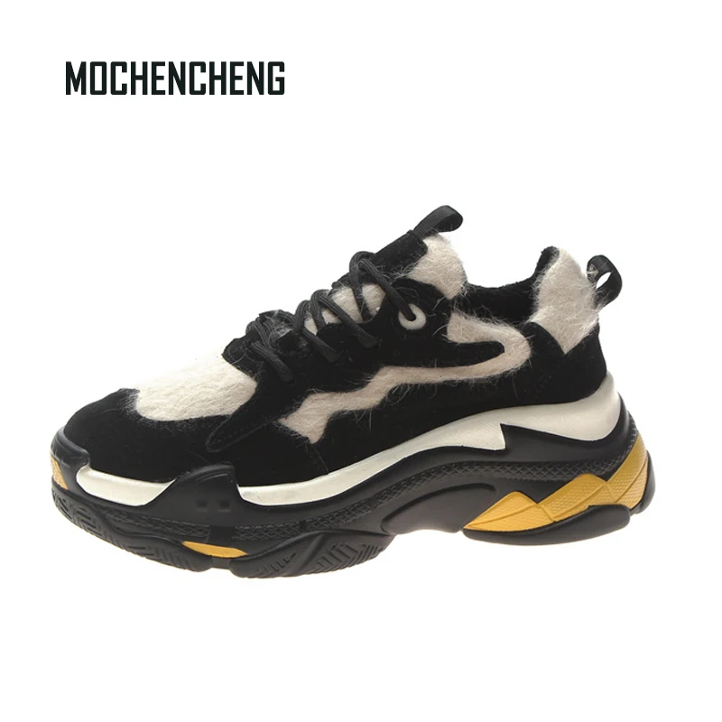 

Woman's Platform Sneakers Chunky Wedge Dad Shoes with Fur High Street Flock Upper Lace-Up Female Ladies Rubber Sneakers Shoes