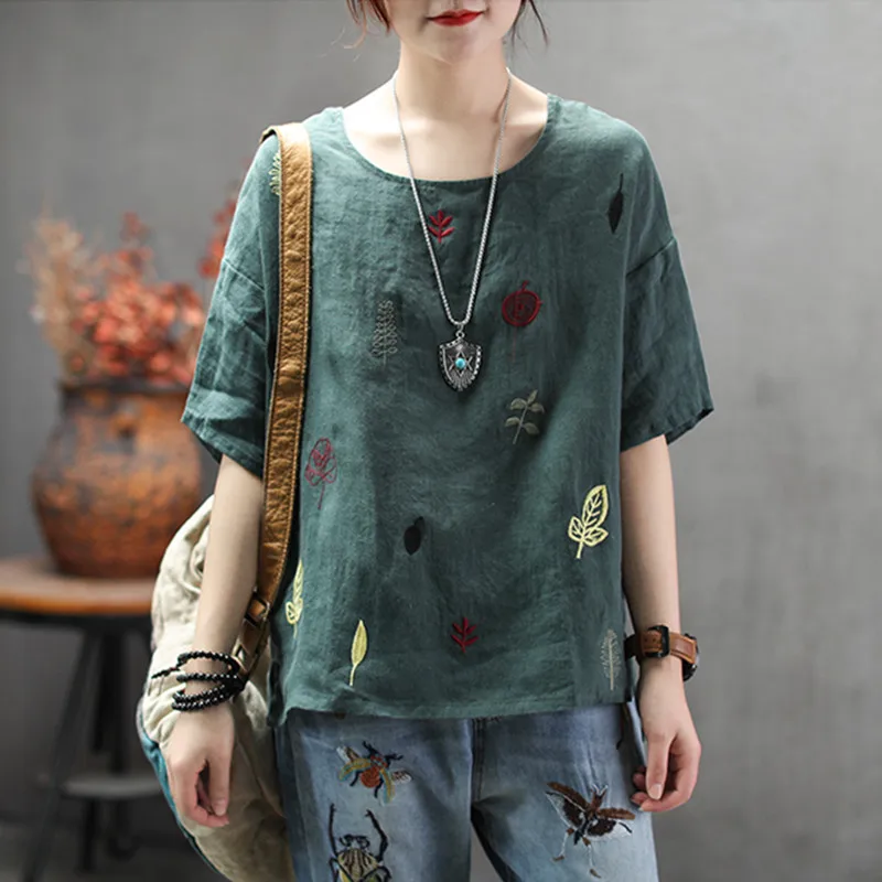

Johnature New Style Casual Retro Literary Linen Female T-shirt 2019 Summer Loose Round Neck Half Sleeves Women t-shirt