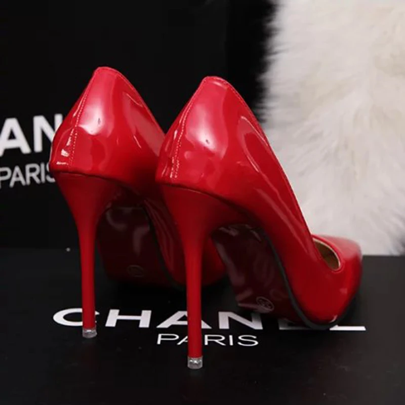 

European station 10cm pointed high heel stiletto women's shoes black with shallow work shoes red wedding shoes