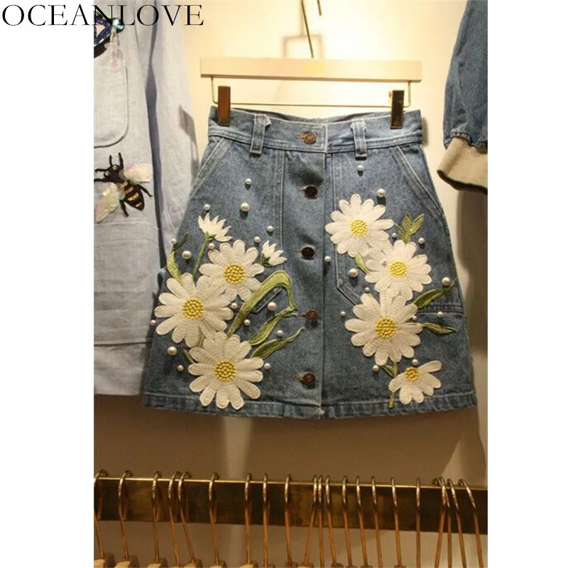 OCEANLOVE 2020 New Floral A-line Women Skirts Beading Button Mini Skirt Summer High Waist Korean Fashion Bottoms 11456 | Женская одежда