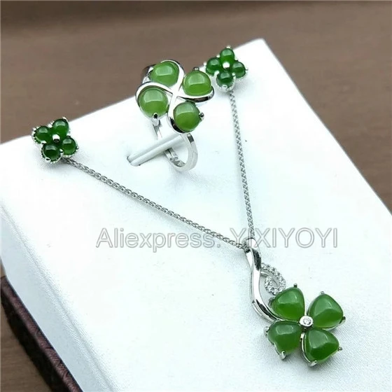 925 серебро зеленый Хотан Jade Jasper Бусины инкрустация цветок Висячие подвеска на удачу+ цепочка ожерелье серьги кольцо набор ювелирных изделий