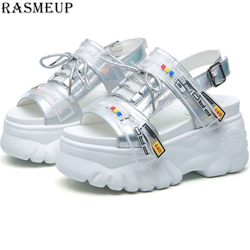 

RASMEUP 8CM Women's Platform Sandals 2019 Fashion Summer Women Beach Chunky Sandal Casual Comfort Thick Soled Woman Shoes Silver