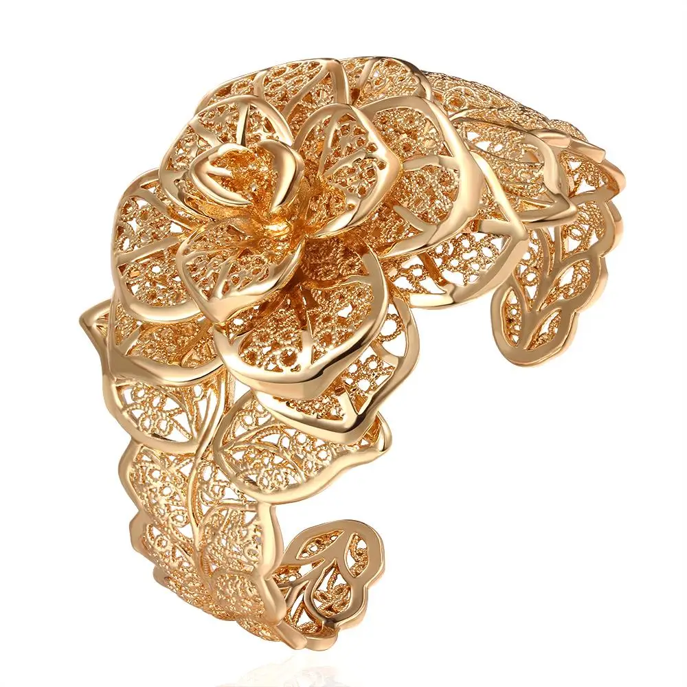 Filigree Flower Cuff Bangle Yellow Gold Filled Fashion Womens Bangle