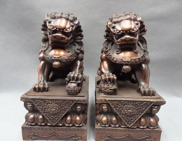 

002953 10" China Pure Bronze Buddhist Wealth FengShui Foo Fu Dog Men Lion Statue Pair