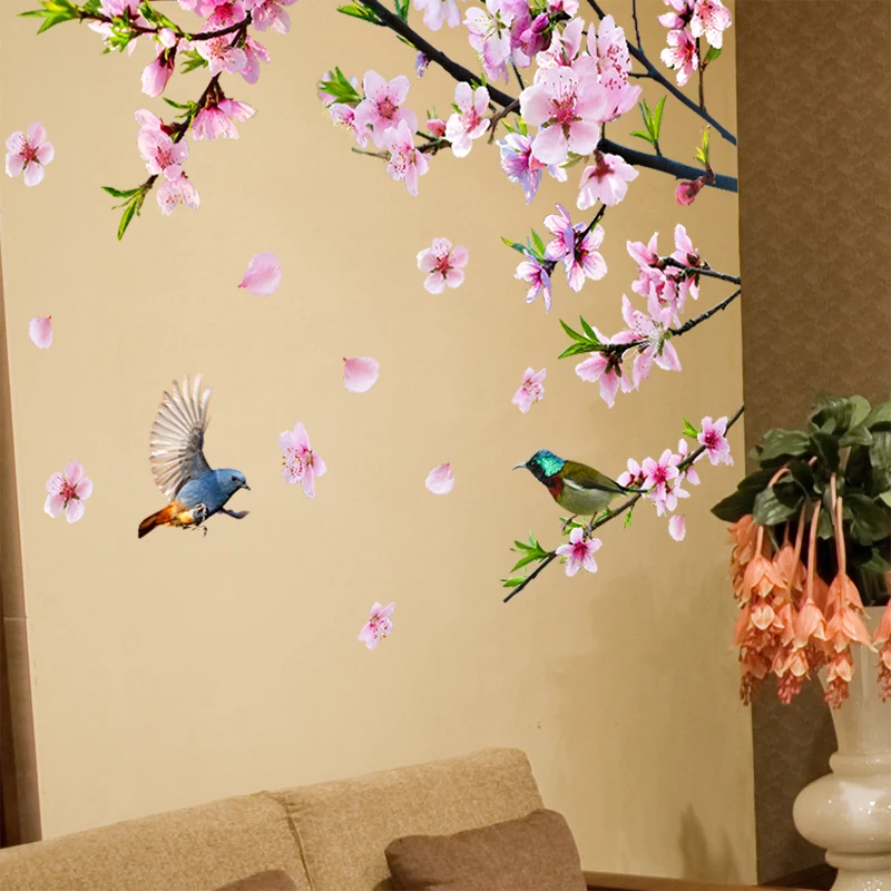 

[shijuekongjian] Peach Blossom Tree Branch Wall Stickers DIY Flowers Birds Wall Decals for House Living Room Bedroom Decoration