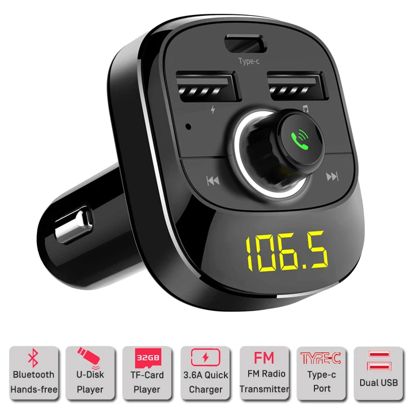 

Handsfree Bluetooth Car Charger MP3 FM Audio Player Car Phone Chargers 3.6A Dual USB Fast Charging Adapter TF Card Player Cars