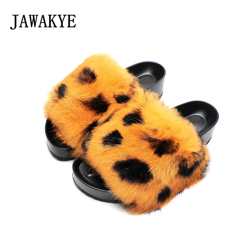 

2018 Newest Leopard Print Fur Slippers Woman Open Toe Thick Bottom Casual Shoes Woman Gladiator Sandals