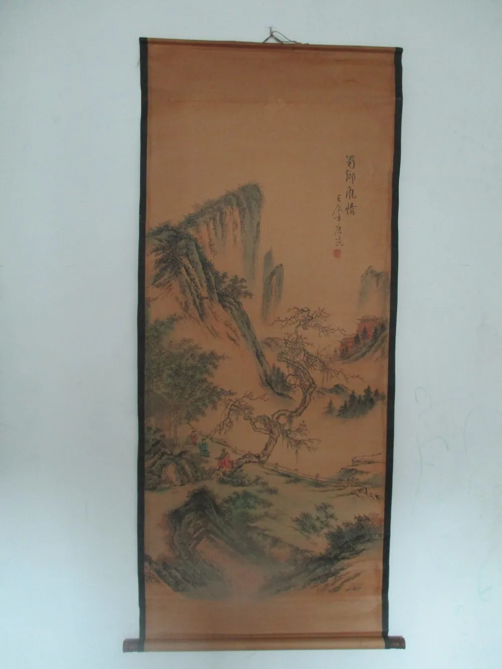 Home wall decoration painting ,Chinese old paper scroll painting  Tang bo hu  " shushan" Landscape Painting