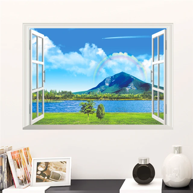 natural rainbow sea mountain view scenery wall stickers home decor