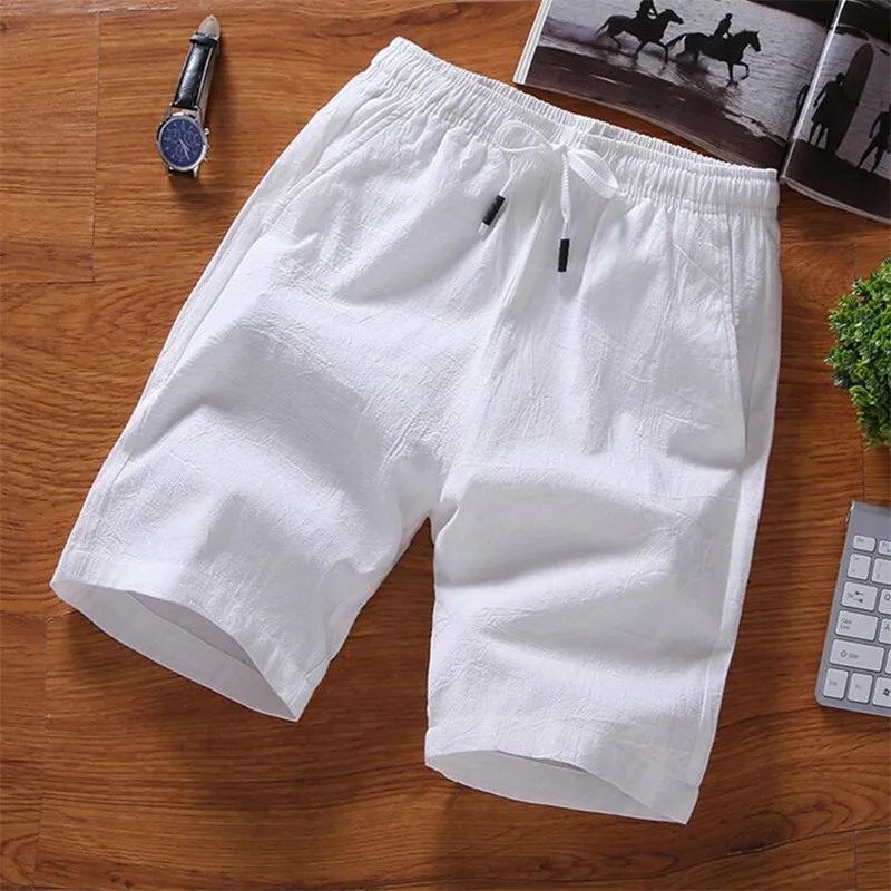 

Men Shorts Slim Fit 2019 Summer Cotton Linen Knee Length Breathable Male Clothing Pure Straight Shorts Big Size M-6XL 7XL white