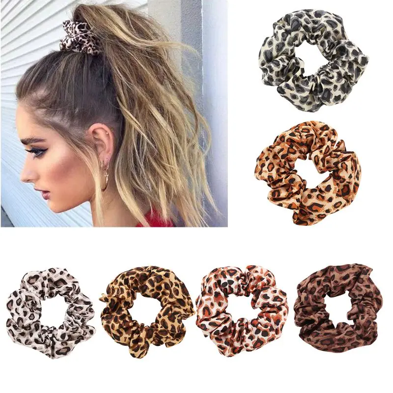 

Women Chiffon Fabric Large Intestine Boho Vintage Colored Leopard Digital Printing Ponytail Holder Ruched Elastic Scrunchies