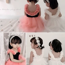 Платья А-силуэта для маленьких девочек Детская летняя одежда Новое Детское платье без рукавов для девочек 3D Цветочный Воротник платье принцессы для девочек