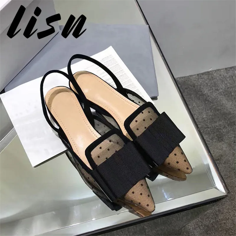 

LISN Dot Mesh Summer Women Pumps Elegant Bow Tie Summer Sandals Pointed Toe Ballet Pumps Shoes Women