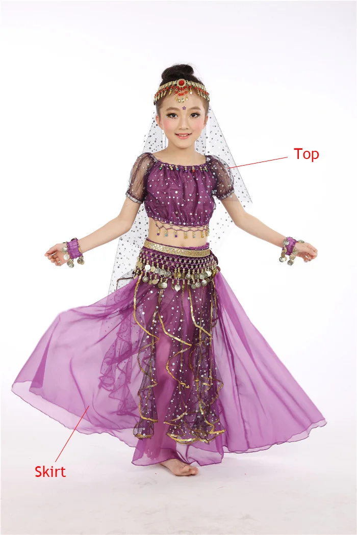 6 шт./компл., детский костюм для танца живота, Индийские танцы, платье, комплект, одежда для выступлений для маленьких девочек, бальное платье для детей 95-155 см - Цвет: Purple 2pcs