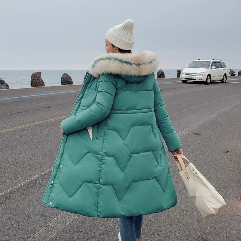 Одежда в Корейском стиле зимняя куртка женская с капюшоном из искусственного меха енота воротник длинное пальто стеганая женская пуховая парка