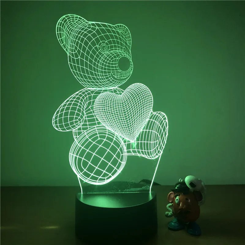 Милый плюшевый мишка Любовь Сердце 3D светильник светодиодный ночник фигурка 7 цветов Сенсорный Настольный декоративный светильник Оптическая иллюзия
