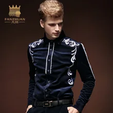 FANZHUAN 2017 Hot New Long-sleeved Mens Embroidery Shirts Flannel Slim Fit Winter Male Fashion Blue shirt jacket Thicker M-5XL