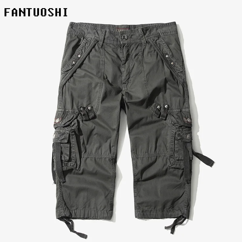 Новые хлопковые мужские повседневные шорты до колена большой размер 40 карго сплошной цвет военный мульти-карман тонкий тактические шорты
