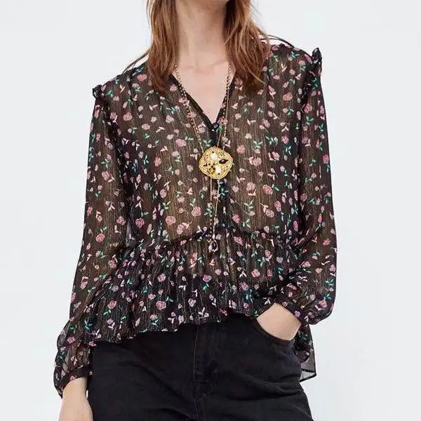 

za women letter print blouse Women's Blouse prints women's PRINTED SHIRT WITH METALLIC THREAD shirt with lapel collar blouse