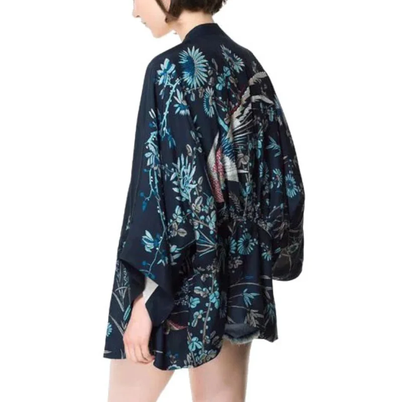 Повседневный Кардиган-кимоно Harajuku, Солнцезащитная блуза, рубашка с цветочным принтом и птицами, свободные топы с рукавом три четверти