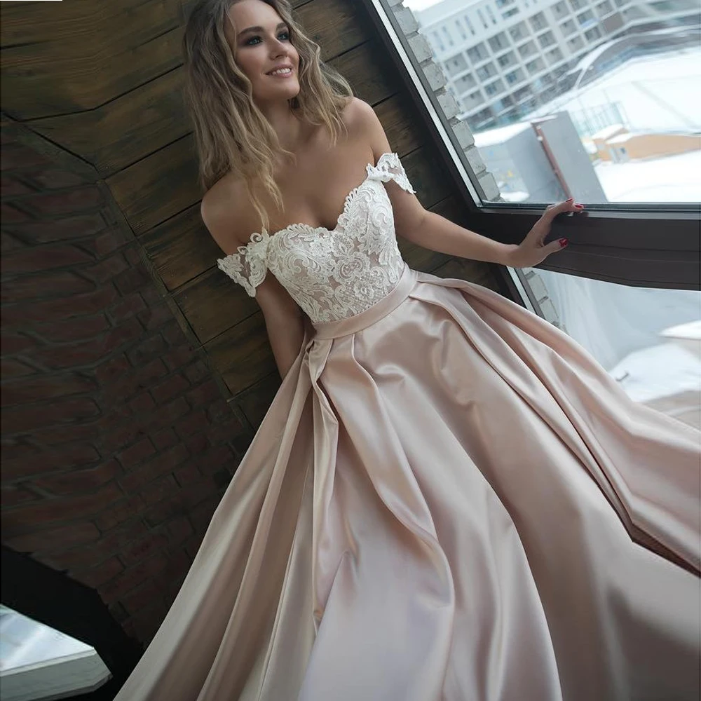 US $99.00 Off The Shoulder Elegant Satin Wedding Dresses Romantic Lace Applique Formal Bridal Gown With Sleeve Long Train Bride Dress 2021