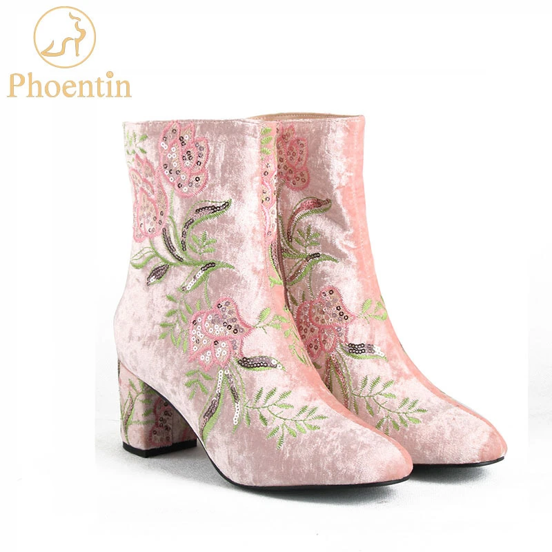 Phoentin Botines con bordado rosa para mujer, botas con cremallera de terciopelo, zapatos de tacón medio cuadrado, botines de flores, FT505, Otoño, 2020|Botas el tobillo| - AliExpress