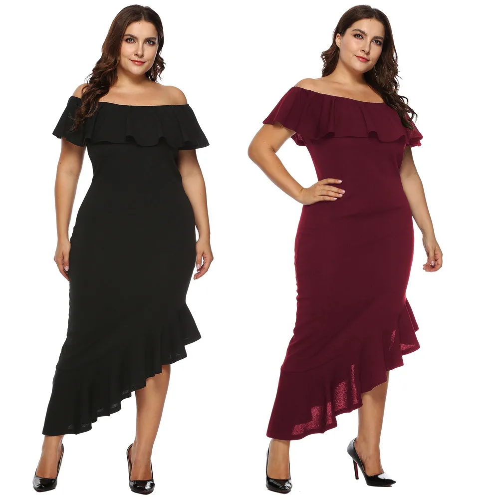 

2018 Fashion Plus Size Dress Large XL/XXL/XXXL Strapless Irregular Polyester Dress Women Female Pullover Casual Solid Dress New