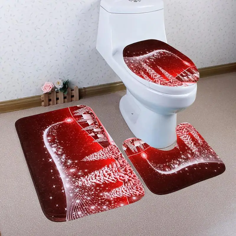 3PCS Fancy Christmas Santa Claus Toilet Seat Lid Cover + Contour Rug Set Antislip Mat Christmas Decorations for Home