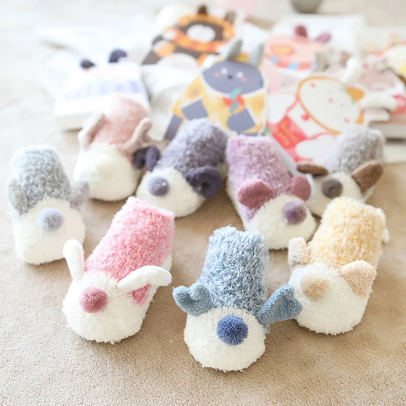 

3pairs/pack Autumn Winter New Thickening Children's Floor Socks Non-slip Home Baby Socks Cartoon Stereo Ear Baby Socks Wholesale