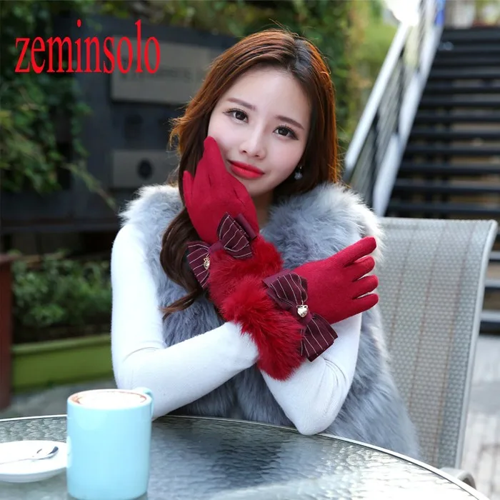 Двойной Слои Модные женские перчатки для сенсорных экранов зима теплая наручные лук перчатки варежки Для женщин длинные кожаные перчатки женские
