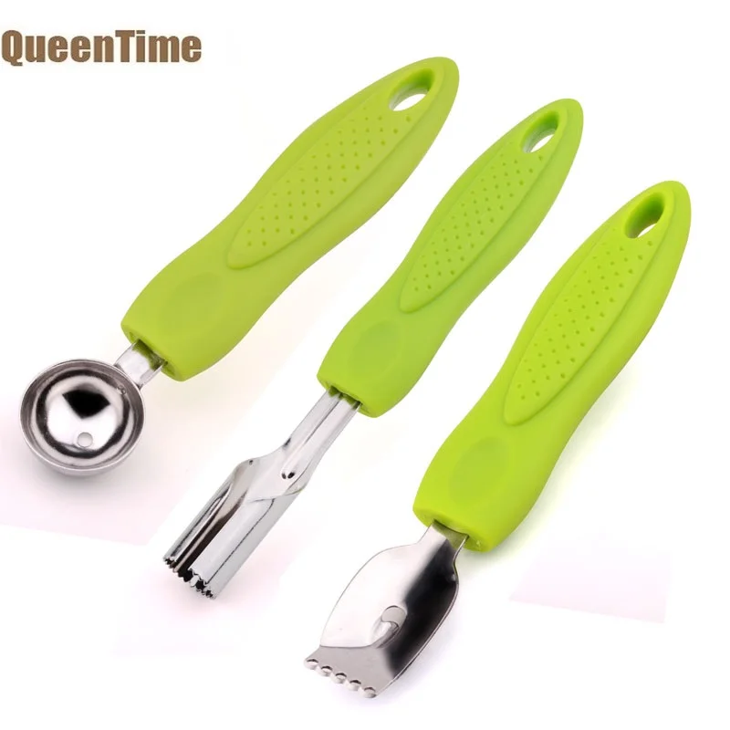 QueenTime Stainless Steel 3 pcs/ Set Fruits Salad Tools Fruit Spoon Pitter Peelers Carved Knife