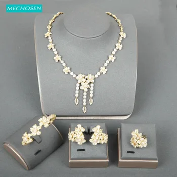 

MECHOSEN Beautiful Exquisite 4/PC Set Flower Shape Adjustable Zircon Bangle Ring Necklace Earrings Set For Bride Wedding Jewelry