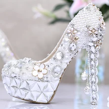 white Pearl with tassel rhinestone shoes women wedding shoes bride ultra high heels platform shoes formal dress party shoes