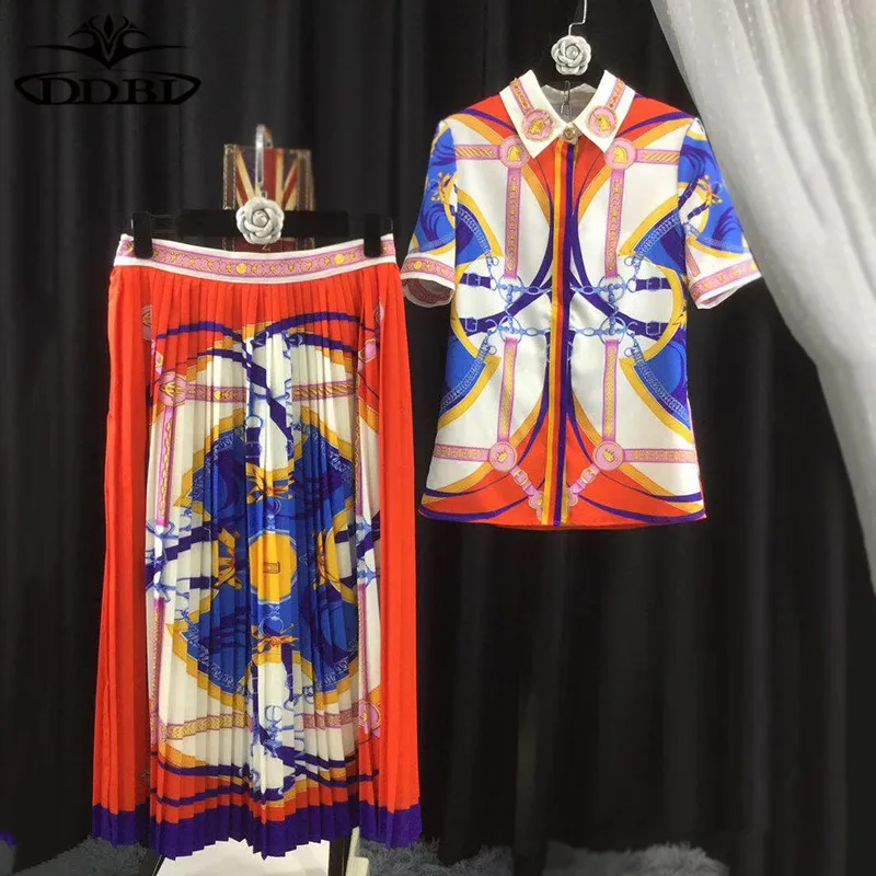 high quality set belts print blouse and pleated skirt 3d pattern colorful outfit 20180608