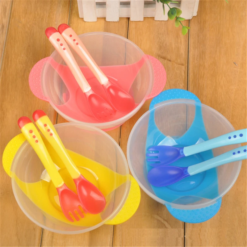 

Toddlers Utensils Plastic Baby Spoons Fork Bowl Infant Feeding tool Heat Sensitive Kid Tableware Children Baby Feeding Bowl