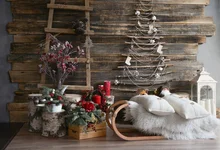 

Laeacco Christmas Ladder Backdrops Tree Sledge Sock Wooden Wall Carpet Sock Kid Portrait Photo Background Photocall Photo Studio