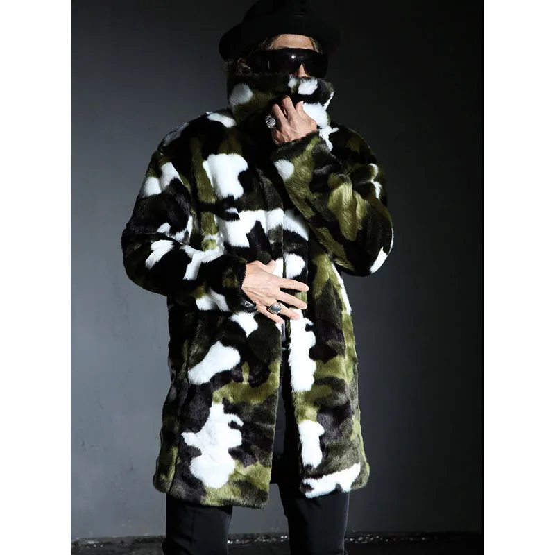 

Men Fur Coat Faux Fake Rabbit Long Outwear Jacket Overcoat Warm Winter Clothing Parkas Camouflage Windbreaker Imitation Fur