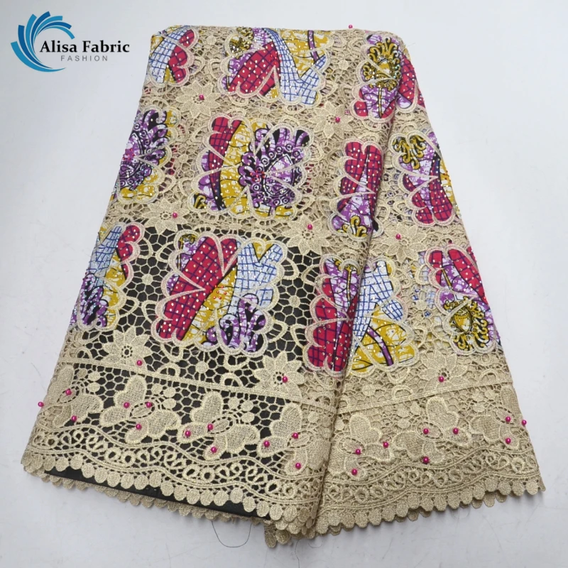 

Flower design French Water soluble lace African lace fabric Dutch wax Nigeria guipure cord lace with Beads and Stones for Formal