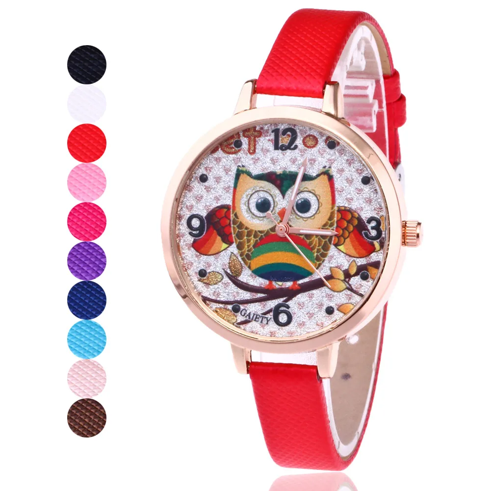 Lady Jewelry Watch Fashion Women Clock  Owl Pattern Quartz Watch Thin PU Leather Strap Wristwatch Watches  Gifts LL@17