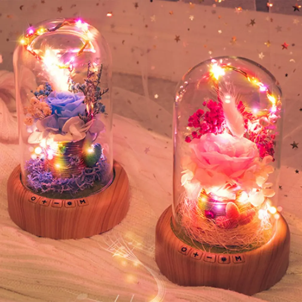 

Rose Streamer Bottle LED Night Light Rechargeable Wireless Bluetooth Speaker with Flower in Glass Decoration Table Lamp