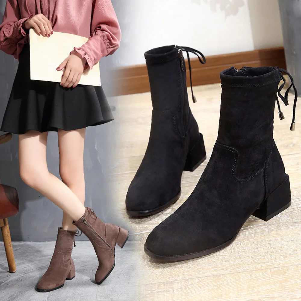 

Warm Non-slip Winter Boots Women Square Heel Shoes Martain Boot Suede Solid Color Round Toe Zipper Shoes Short Plush Ankle Boots