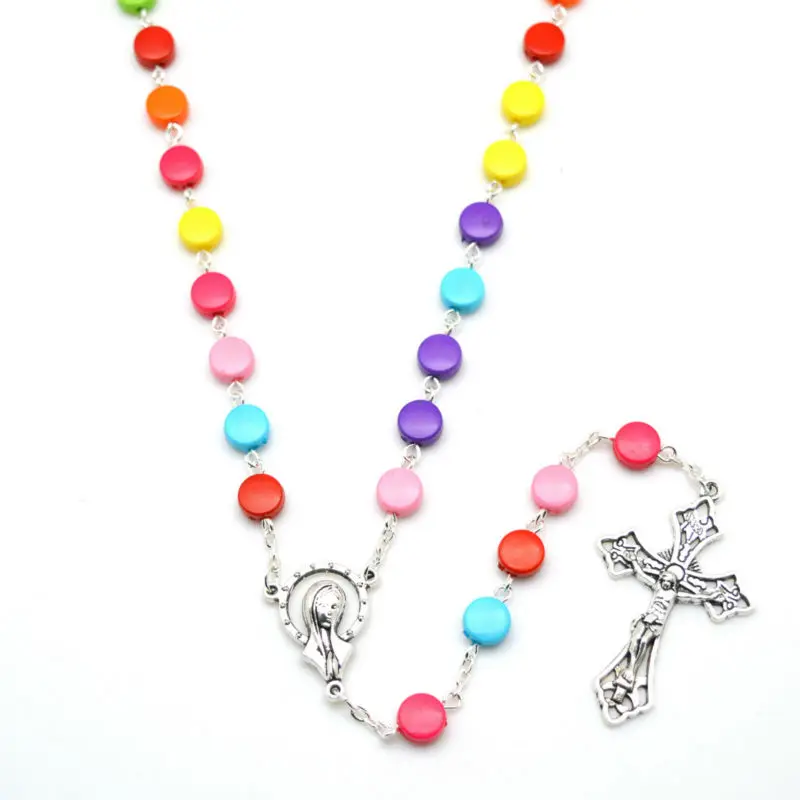 Fashion rainbow flat acrylic bead rosary necklace catholic rosaryin