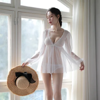 

2 Piece Lace Female Nightgowns Summer V-Neck Sexy Women Nightdress
