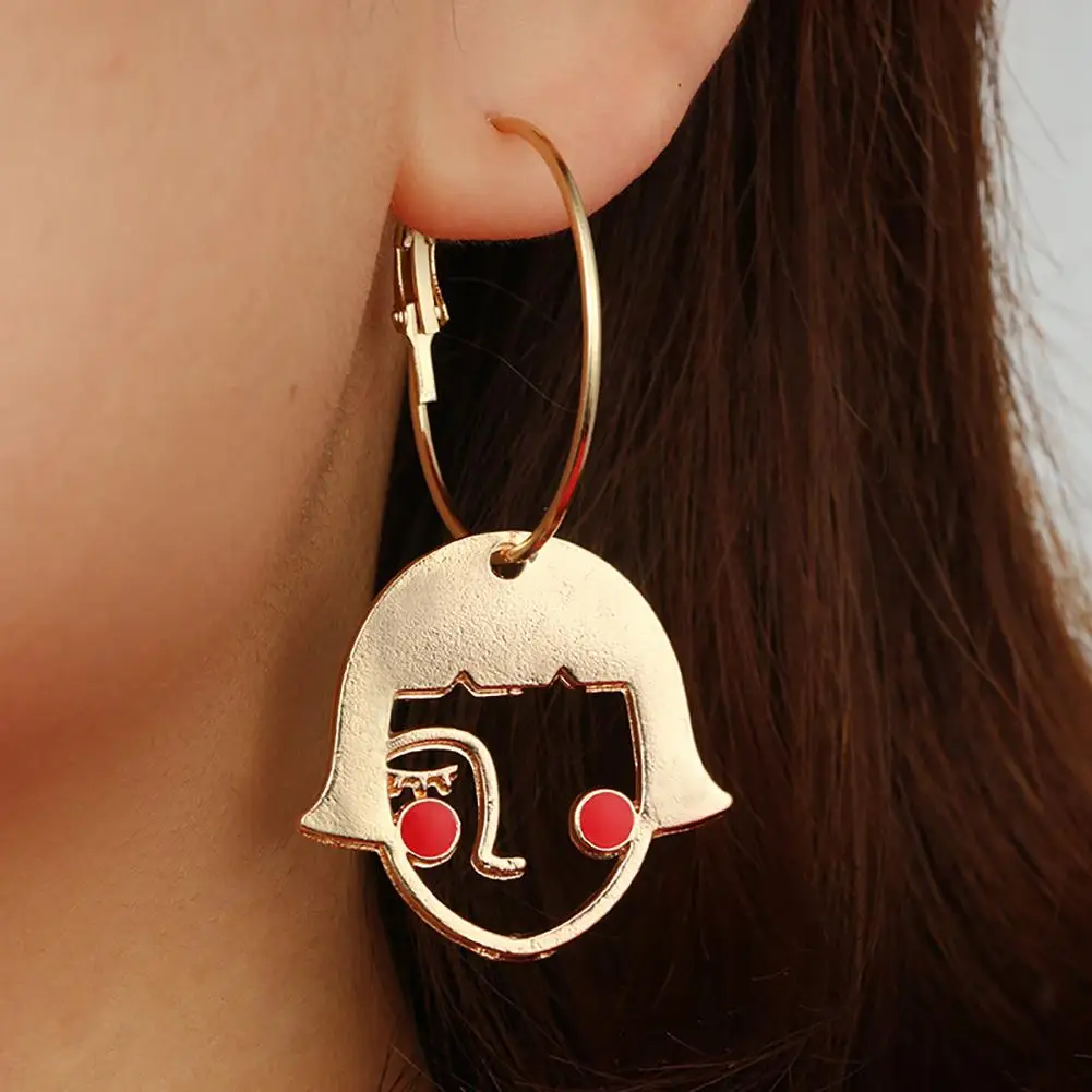 

Creative Hollow Abstract Girl Face Alloy Hoop Earrings Woman Jewelry Charm Gift hot
