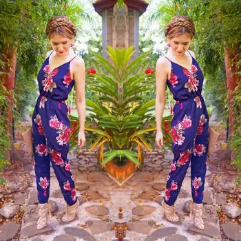 

2017 summer Women floral print sleeveless long jumpsuit Long Trousers V-neck Playsuit